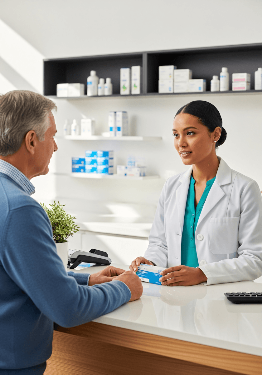 A healthcare professional helping a patient at a pharmacy counter
